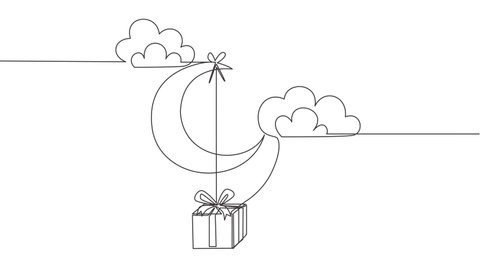 Animated self drawing of single continuous line draw present gift hanging on the moon at cloudy sky. Muslim holiday, Eid ul Fitr greeting card concept. Full length one line animation illustration.