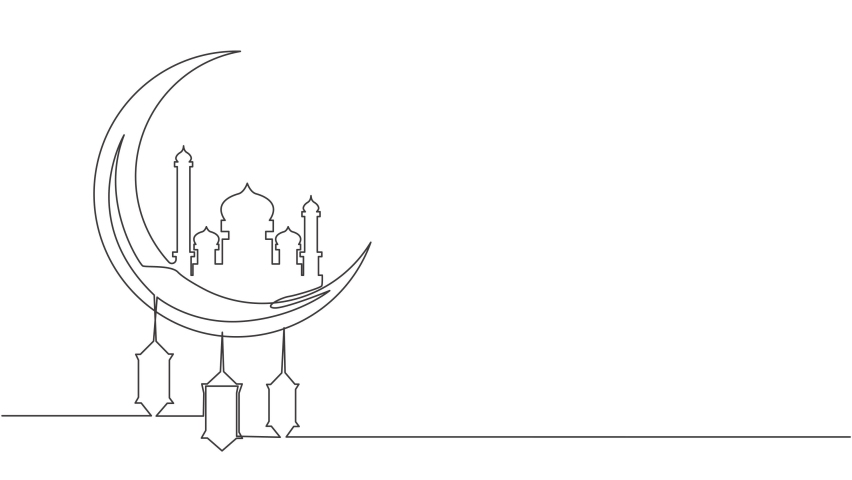 Ramadan Kareem greeting card, poster, banner design background. Animated self drawing of continuous line draw islamic ornament masjid, lantern lamp hanging on moon. Full length single line animation. | Shutterstock HD Video #1081238057