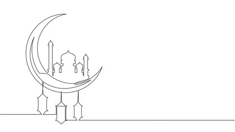 Ramadan Kareem greeting card, poster, banner design background. Animated self drawing of continuous line draw islamic ornament masjid, lantern lamp hanging on moon. Full length single line animation.