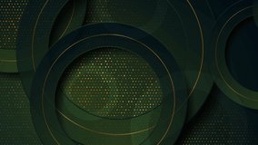 Shiny geometric abstract dark green motion background with circles and golden dots. Seamless looping. Video animation Ultra HD 4K 3840x2160