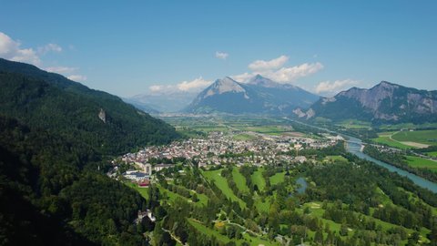 Aerial view of the city Bad Ragaz in Switzerland on a sunny morning day in summer.