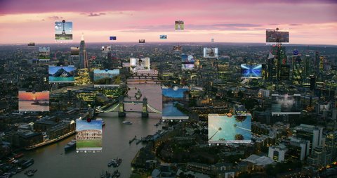 Futuristic city connected to social media. High tech vision of London. Augmented reality. England.