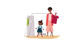 Back to School concept. Mom and her little daughter choose clothes for school in store. Moving characters getting ready for school season. Girl in uniform in front of mirror. Graphic animated cartoon