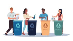 Garbage sorting concept. Young men and women put various waste in special garbage cans for recycling. Moving characters take care of environment and throw trash. Graphic modern animated cartoon