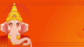 Pacha ganapati festival concept. Moving card with elephant god in traditional clothes and accessories. Colorful invitation with pop up text, character and orange background. Graphic animated cartoon