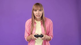 Crazy intense addicted gamer girl hold controller lose videogame match