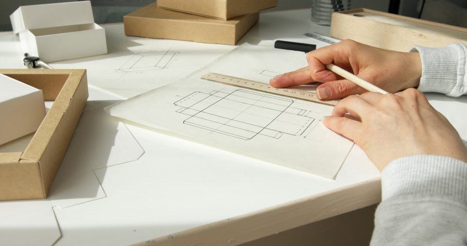 The designer draws sketches of cardboard packaging on paper. The artist develops the design of the boxes. Royalty-Free Stock Footage #1081248029