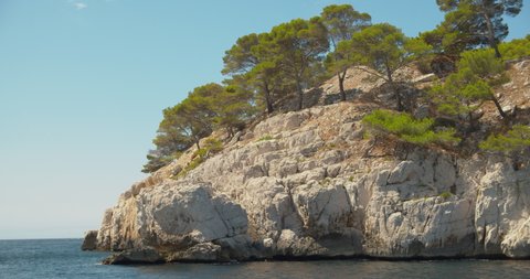 Coastal Limestone Cliffs At Massif des Calanques Near Marseille, France. Wide Shot,4k