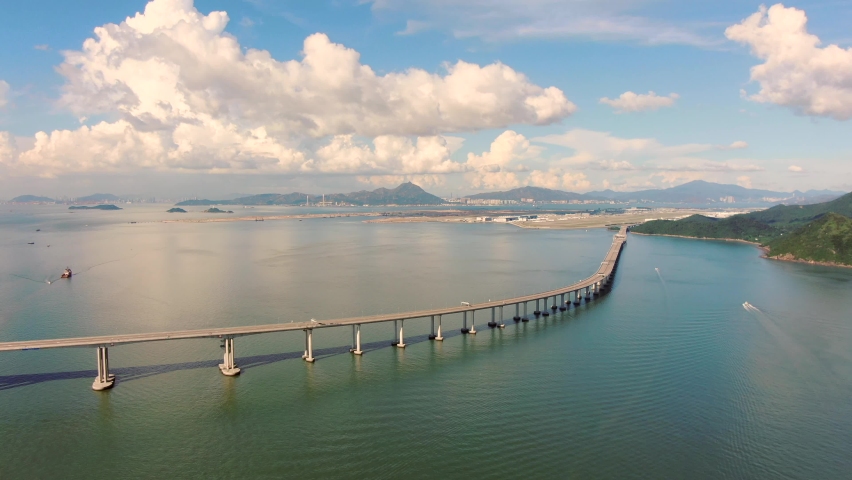 Hong Kong Zhuhai Macau Bridge on a beautiful day, wide angle aerial view.