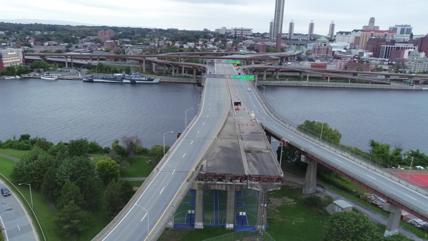 Aerial view: Unfinished deck on Hudson River Dunn Bridge in Albany