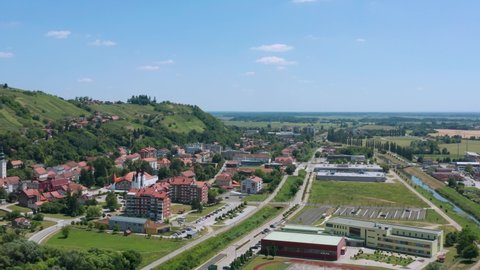 Slovenian countryside town Lendava on sunny day, aerial 4K view