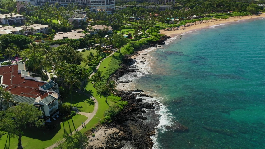 Aerial approach of Wailea Beach in Maui Hawaii.