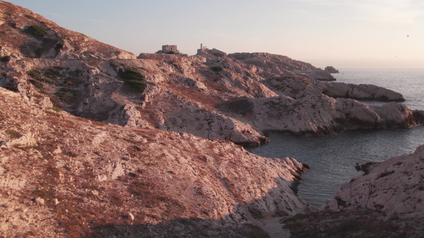 Iles du Frioul, Marseille in France. Aerial forward ascendent