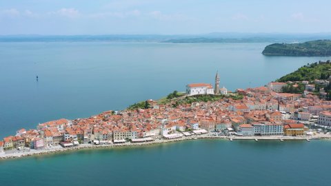 Aerial: iconic Piran town on Slovenia’s Adriatic coast, Venetian architecture