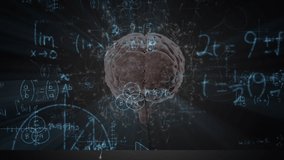 Animation of human brain spinning over mathematical equations on black board. science, education and learning concept digitally generated video.