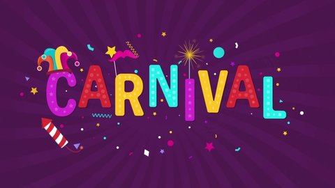 Carnival Festival concept. Beautiful moving inscription with texture in form of stars and dots. Greeting card with popup firework, mask, confetti and jester hat. Video banner. Graphic animated cartoon