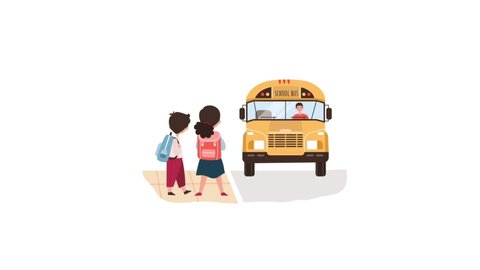 Back to School concept. Children with backpack on shoulders waiting for school bus, which pulls up to stop. Moving characters going to school. Boy and girl get knowledge. Graphic animated cartoon