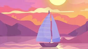 Colorful landscape concept. Beautiful mountains with ocean and sailing ship passing by. Moving composition with sunrise or sunset over sea. Sky pink and purple. Graphic modern animated cartoon