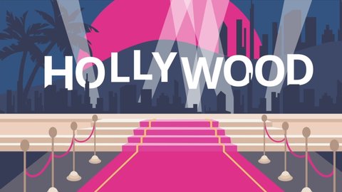 Red carpet concept. Award ceremony for stars in Hollywood. Video postcard with popup elements and paparazzi flashes. Movie premiere, party or festival for celebrities. Graphic animated cartoon