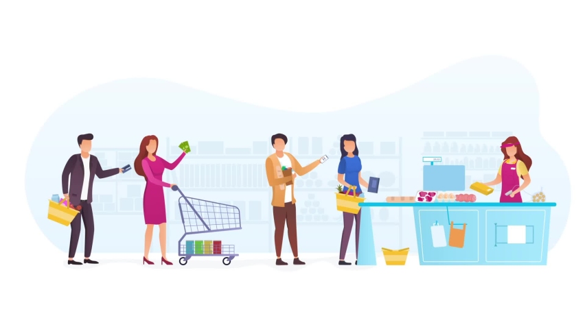 Queue at supermarket concept. Moving men and women with groceries standing at checkout and waiting for their turn to pay for purchases. Characters with carts in store. Graphic animated cartoon | Shutterstock HD Video #1081256309