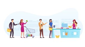 Queue at supermarket concept. Moving men and women with groceries standing at checkout and waiting for their turn to pay for purchases. Characters with carts in store. Graphic animated cartoon