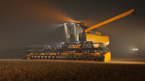 Huge combine-harvester with flashing lights at night in a field. Vast harvesting farm machine. Yielding of agriculture crops. Concept of agricultural mechanization, food production, farming, farmland
