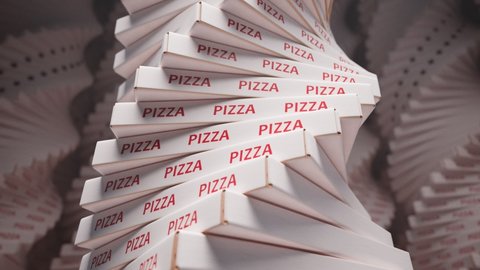 Seamless looping animation of huge pile of cardboard pizza boxes. Stack of pizza cartons. Fast food packaging. Take out pizza boxes. Paper white pizza boxes. Delivery concept. Packaging.