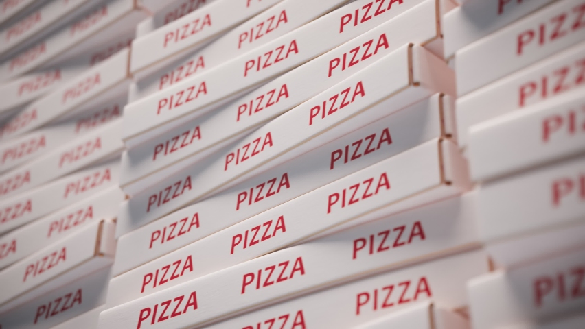 Seamless looping animation of huge pile of cardboard pizza boxes. Stack of pizza cartons. Fast food packaging. Take out pizza boxes. Paper white pizza boxes. Delivery concept. Packaging.