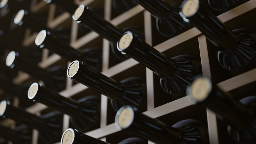 Seamless looping animation of wine bottles ordered on wooden shelves in a dark wine cellar. Concept of traditional winemaking in the winery. Large storage of wines in vineyard or restaurant.