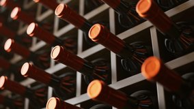 Seamless looping animation of wine bottles ordered on wooden shelves in a dark wine cellar. Concept of traditional winemaking in the winery. Large storage of wines in vineyard or restaurant. - Powered by Shutterstock - Get 15% off with code: PIKWIZARD15