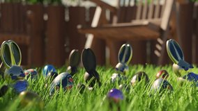 Concept of Easter egg hunt. Cute chocolate Easter bunnies and eggs are hidden in green grass on the backyard. Traditional candies while spring celebration. Happy Easter. Joy. Gift. Funny game for kids - Powered by Shutterstock - Get 15% off with code: PIKWIZARD15