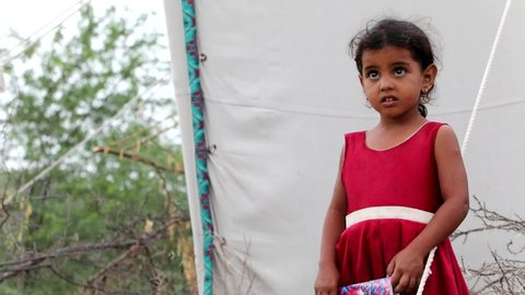 Taiz, Yemen- 08 Oct  2021: A sad child in a camp for displaced people from the war in Yemen, Taiz