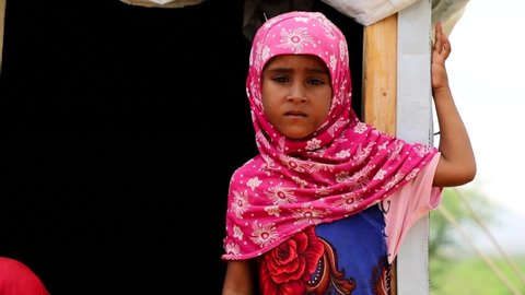 Taiz, Yemen- 08 Oct  2021: A sad child in a camp for displaced people from the war in Yemen, Taiz