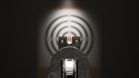 Gun aiming towards shooting target. Pistol in hands focuses aim to the target paper. Gunsight. Targeting. Shooting practice at the firing range. Concept of shooting competition. Military training.