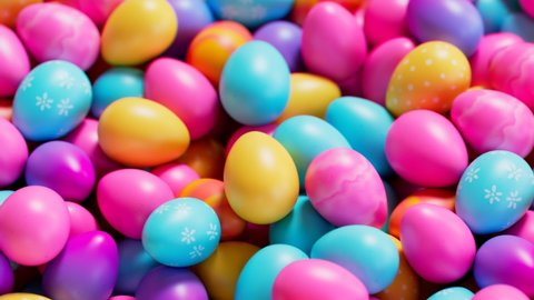 Seamless looping animation of multicolour Easter eggs. Cute pastel yellow, pink, violet and blue coloured eggs. Traditional bright colour painted eggs while spring celebration. Happy Easter. Joy.