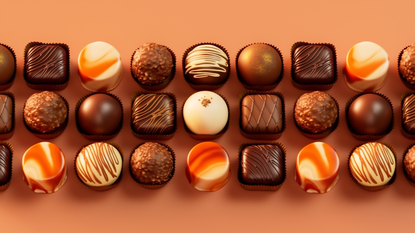 Assorted delicious chocolate pralines. Sweet bonbons decorated with white and dark chocolate glaze, sprinkles and caramel icing. Perfect for a candy store, patisserie, valentines day or mother's day. Royalty-Free Stock Footage #1081259405