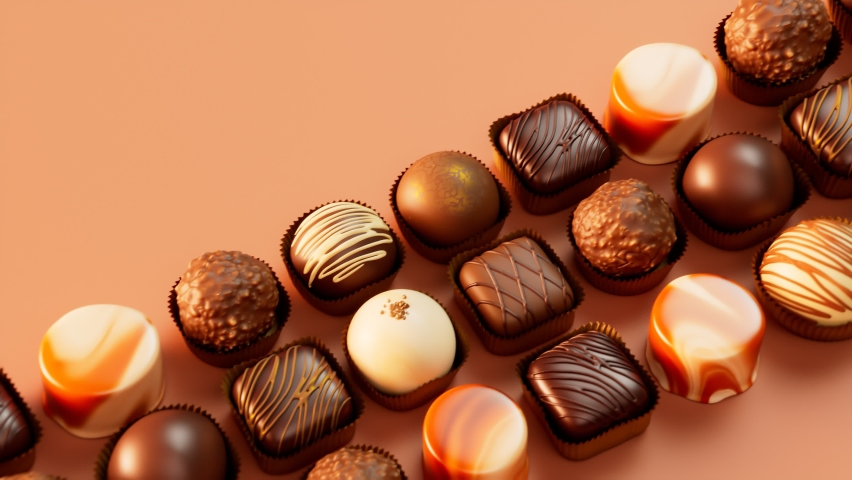 Assorted delicious chocolate pralines. Sweet bonbons decorated with white and dark chocolate glaze, sprinkles and caramel icing. Perfect for a candy store, patisserie, valentines day or mother's day. Royalty-Free Stock Footage #1081259408