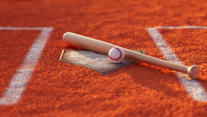 The home base with ball and bat. Camera zooming out and reveal aerial view on a vast baseball field. Sport stadium with grass and orange field. Major League Baseball. Professional American game.