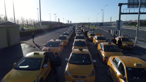istanbul, Turkey – October 22, 2021: Aerial View of Taxi Cabs