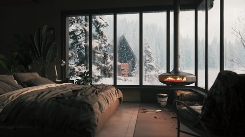 Cozy bedroom with fireplace. Snow outside the window. Cozy apartment in a winter hotel. Eco hotel in the winter forest. Beautiful winter landscape outside the window. Guest houses in winter forest