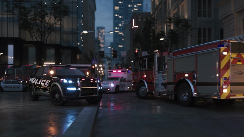 Emergency services at accident scene. Fire department, police and ambulance. 3d visualization