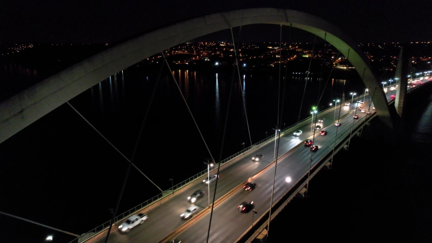 Brasília Brazil. Juscelino Kubitscheck bridge. Night aerial view of cityscape. Jk Bridge, Brasília Brazil. Downtown district. Urban aerials. Brasília, Brazil. Modern cable bridge. Suspension bridge. 