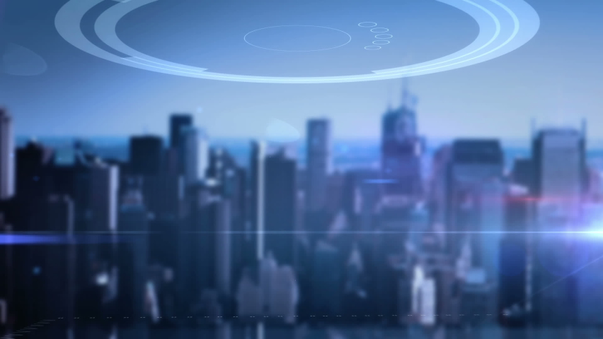 Animation of medical data processing over cityscape. global science, digital interface and data processing concept digitally generated video.