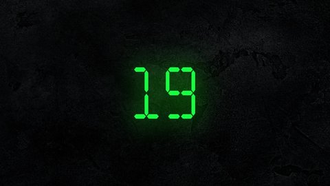 Green Led digits 30 second countdown with bright digital font in black textured background. Thirty second or times Timer count down. From 30 to 00.