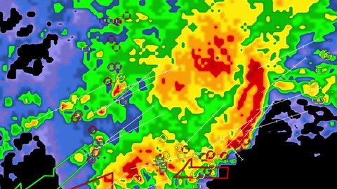 Severe thunderstorms with tornado warning on Doppler weather radar screen