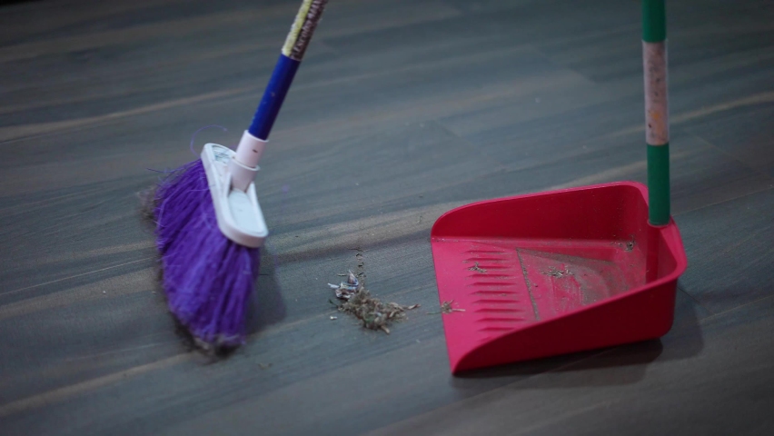 Sweeping the house with broom and shovel picking up the garbage from the house | Shutterstock HD Video #1081271597