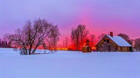 cloudscape timelapse over a winter landscape. Thermowood log chalet and barrel sauna in beautiful scenery - Powered by Shutterstock - Get 15% off with code: PIKWIZARD15
