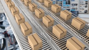 Animation of cyber monday text over cardboard boxes on conveyor belts. global online shopping, shipping and sales concept digitally generated video.