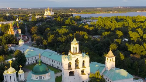 Dolly zoom. Yaroslavl, Russia. Belfry of the Yaroslavl Spaso-Preobrazhensky Monastery (Spaso-Yaroslavl Monastery) - an ancient men's monastery in Yaroslavl. Sunset time, Aerial View