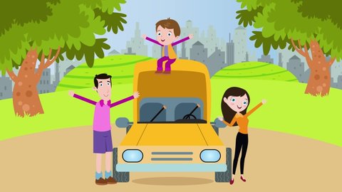 Happy family animation traveling by car and smiling around the car at the park. Cartoon in 4k resolution
